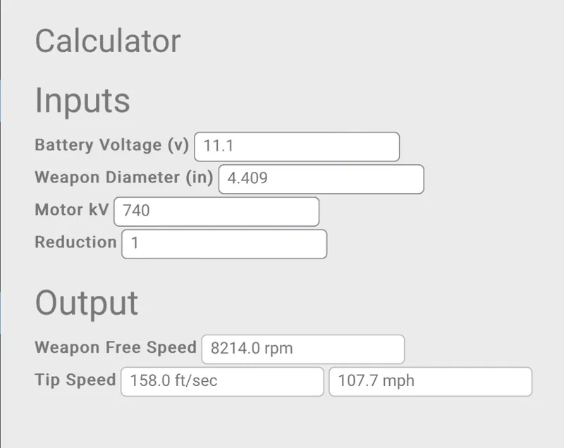 My weapon calculator: 11.1 V, a 4.409 in blade, 740 KV, no reduction