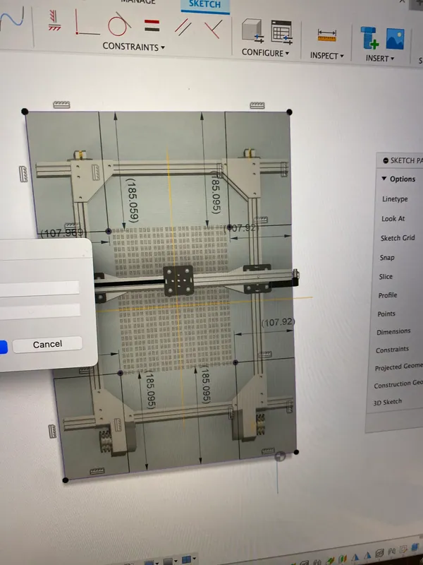 Saturday 10 p.m.: the die's dimple grid under the gantry in Fusion 360