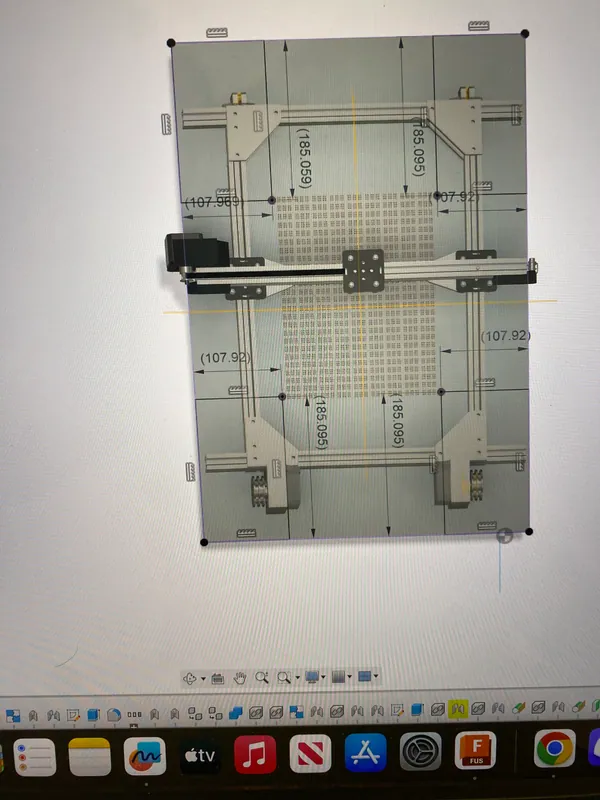 The whole machine from above in Fusion 360, with the dimple grid under the gantry