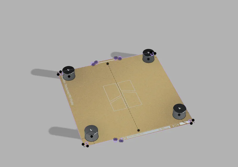 The first CAD: four electromagnets over a stock build plate (Feb 8, 2024)