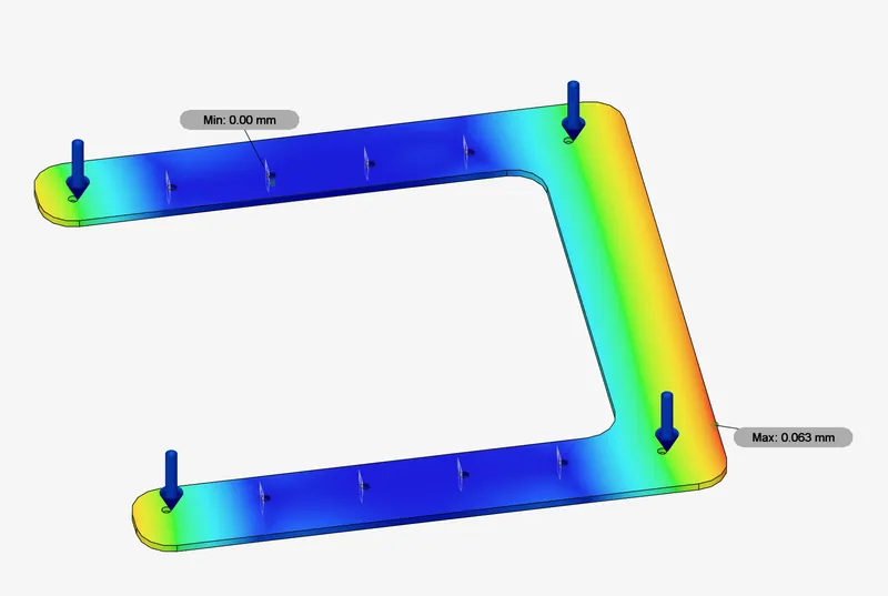 FEA on the U-shaped grasper plate in Fusion 360: 0.063 mm peak deflection (Feb 11, 2024)