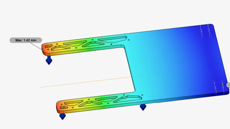 FEA on a pocketed version: 1.42 mm peak deflection (Feb 11, 2024)