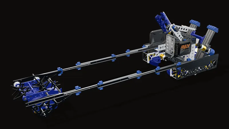 The extension intake fully out, rendered from my CAD: three slides on each side carry it about a metre past the front of the robot