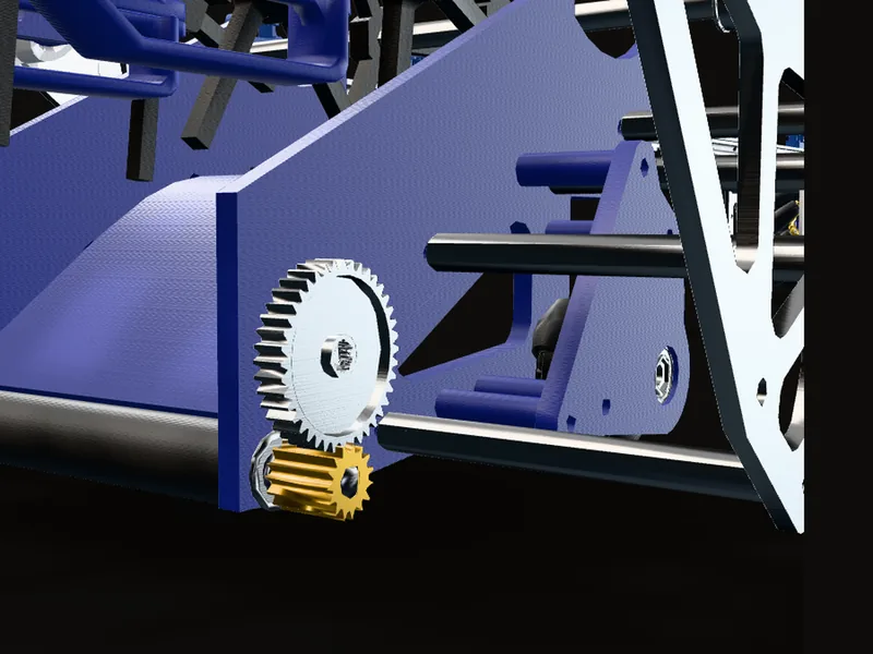 The counter roller drive in the CAD: the 40-tooth servo gear above the 15-tooth gear on the counter roller's shaft, behind the side plate