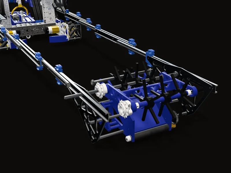 The intake from the front, rendered from the CAD: star rollers on the main shaft and on the fold-down arm, the ramp between the side plates and the counter roller at its lip