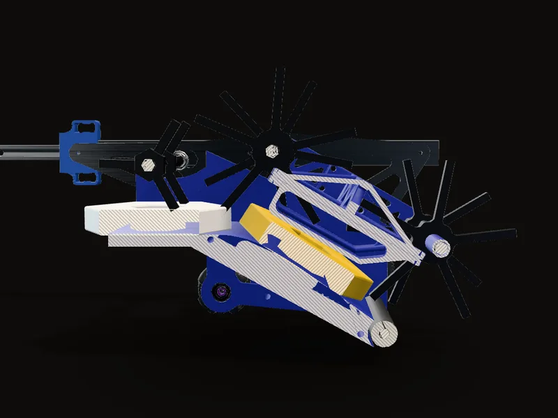 Cut just off the centreline with the arm folded down: the counter roller at the lip, the ramp rising to its flat top under the rear rollers, and two pixels on board (added for scale)