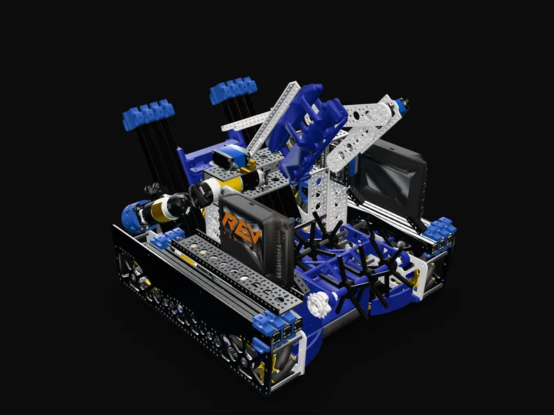 Stowed, rendered from the CAD: the slides closed up inside the robot along both sides of the drivetrain, and the intake inside its front, between them