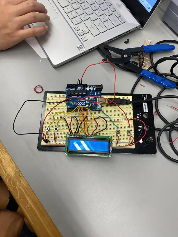 The breadboard the same evening, with the LCD lit