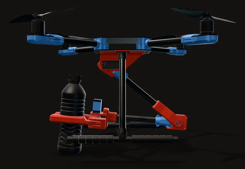 The CAD from the side, in the pose it was saved in: the arm folded under the drone with the bottle in the claw, 97.5 mm across from the shoulder axis