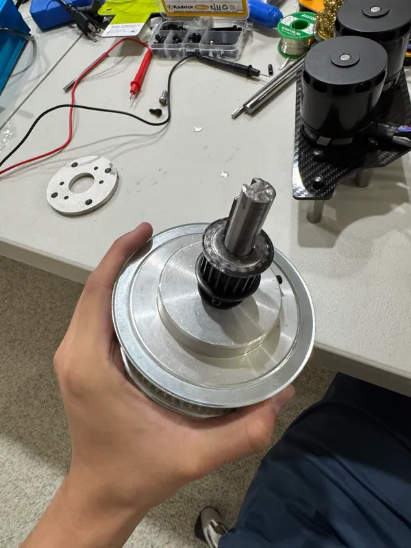 Axle 1 coming together: the 20T pulley over the 72T pulley on the 14 mm keyed shaft
