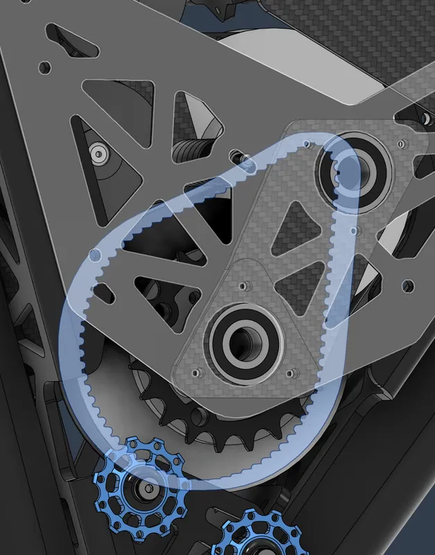 My render of the drive side from July: the second belt, the chain sprocket and two jockey wheels
