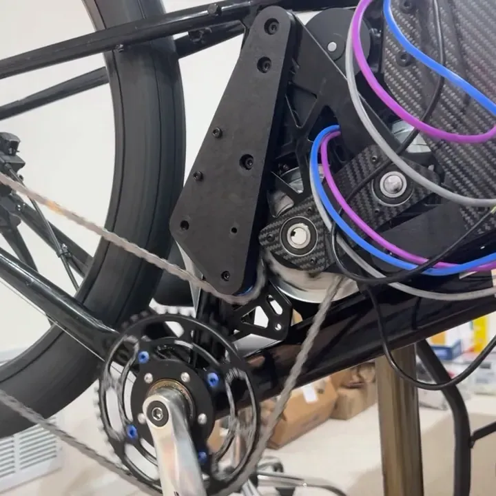 V2 on the bike: the tall printed idler mount along the seat tube, with the jockey behind it guiding the chain