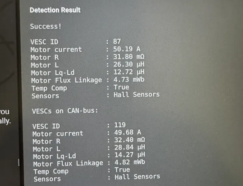 Motor detection in VESC Tool: both controllers, one per motor