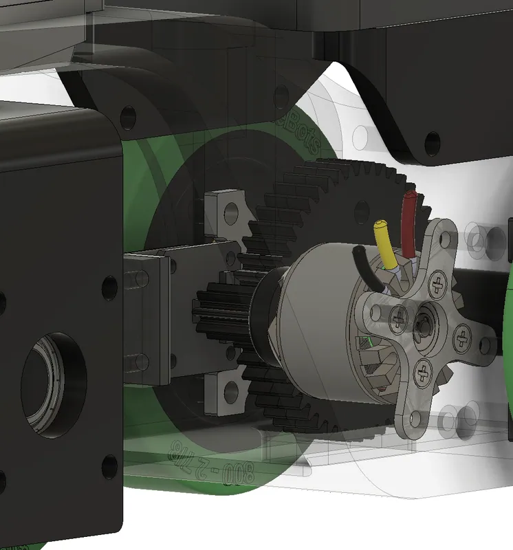 The rear drive in my CAD: brushless motor, pinion and the big gear on the rear axle