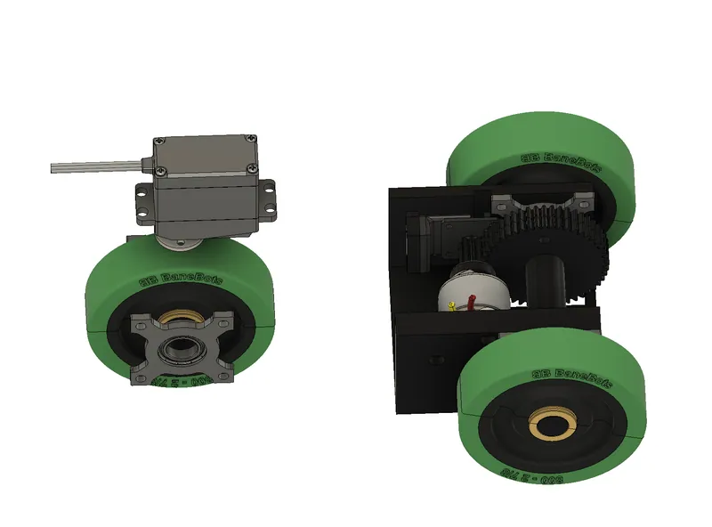 The two modules in my CAD: servo steering at the front, motor and gears at the rear