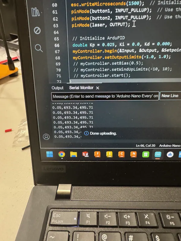 Tuning the PID: the serial monitor prints power, distance and target on every loop