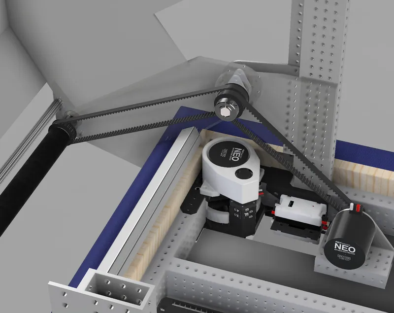 The same two-belt roller drive in my first model (Jan 31): a NEO, a belt up to a shared pulley, and a second belt down to the roller