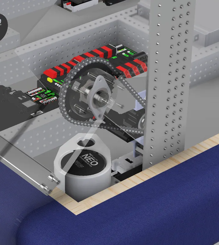 The first model’s large sprocket and chain beside a pre-drilled upright