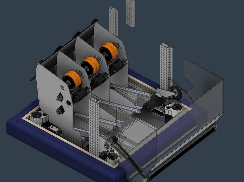 Feb 11: the three shooter bays in the model, each with its own motor, between solid side plates