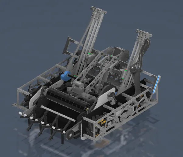 Dec 8, 2023: the whole robot in Fusion 360: lattice-cut sheet chassis, two angled slide packs, the first intake at the front