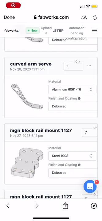 Our Fabworks order: the curved arm link in 6061-T6 aluminum and MGN rail block mounts in 1008 steel
