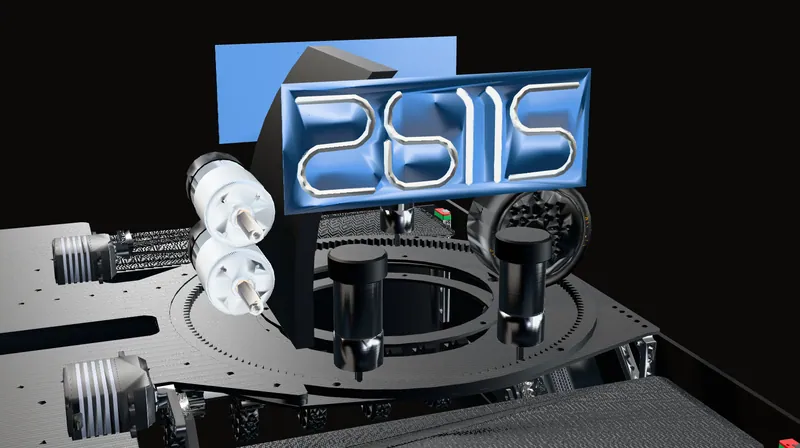 Rendered from the CAD: the turret with our team number, 26115, in our custom number font on its side plate. The same plate is on the other side; the far one shows its back here