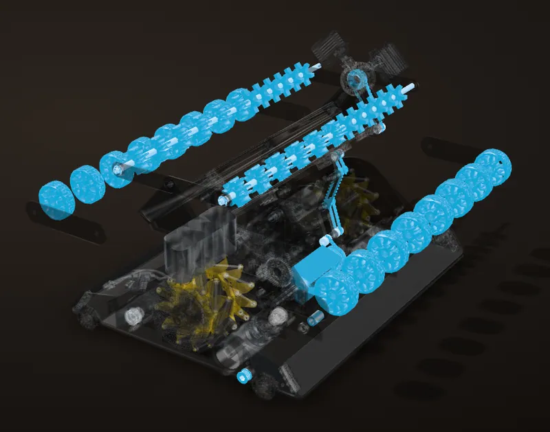 Rendered from the CAD: carrier 2 and everything it drives in blue, the belts up the 4-bar to F and the side belt to G and the 20-tooth pulley at the front