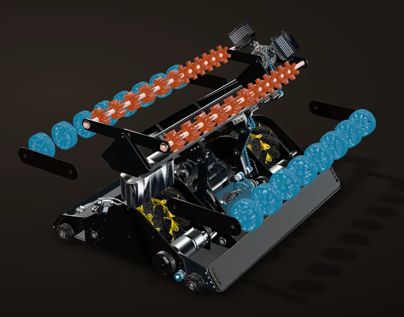 Rendered from the CAD: the two rows on the 4-bar's arms (orange) and the two outer rows fixed to the chassis (blue), with the outer plates and walls left out