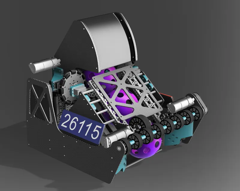 V1 in CAD from the front: the intake roller row, balls in the ramp and the hood above