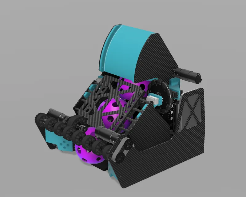 V1 in CAD: carbon fiber plates, teal printed parts and the curved hood over the flywheel