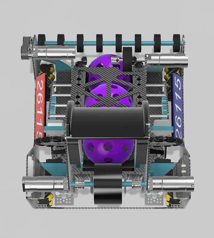 From above: the stored balls line up down the middle, between the drive motors