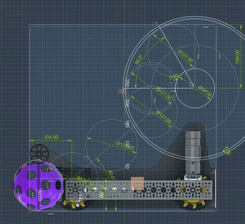 The 2D layout I built V1 around, September 2025: the ball, the 96 mm flywheel, the hood arc and the 40° ramp