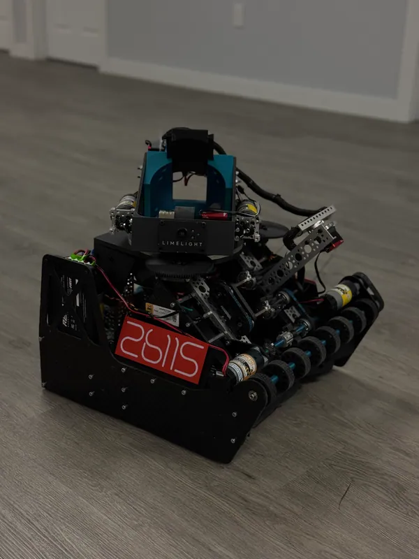 V2 from the front: the Limelight rides on the turret to track the AprilTag