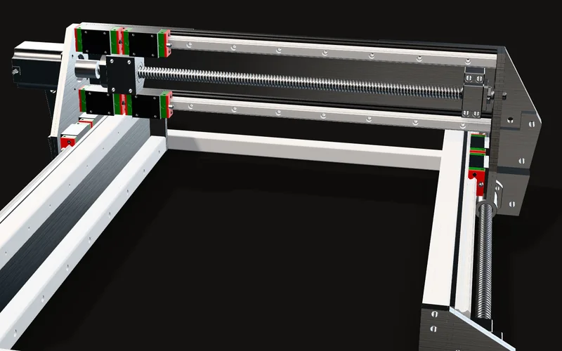 The gantry from the front in my CAD: the two X rails on 2020 extrusion, the X ball screw between them and the carriage at the left end, next to the X motor