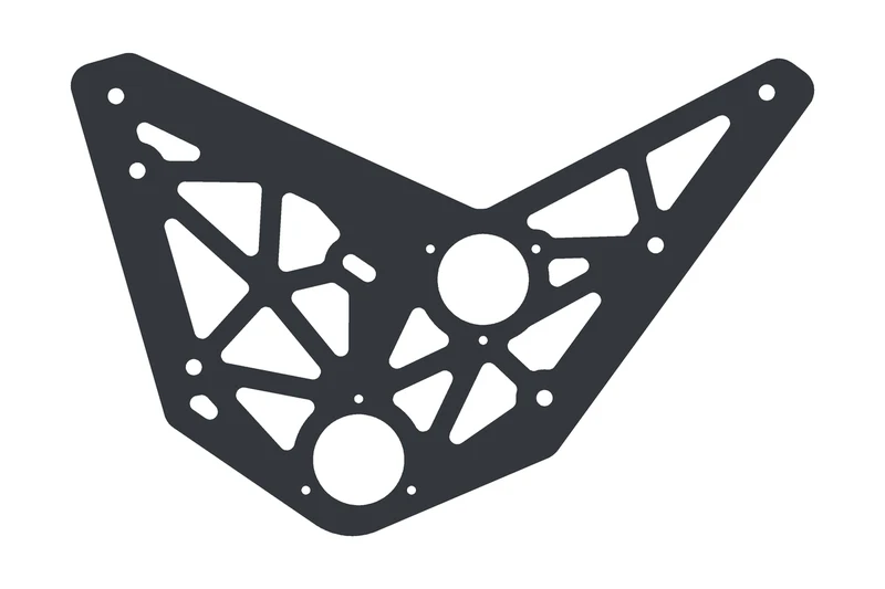 The shorter side plate of my e-bike, drawn from its CAD: a lattice of triangular pockets, two large bores and small holes