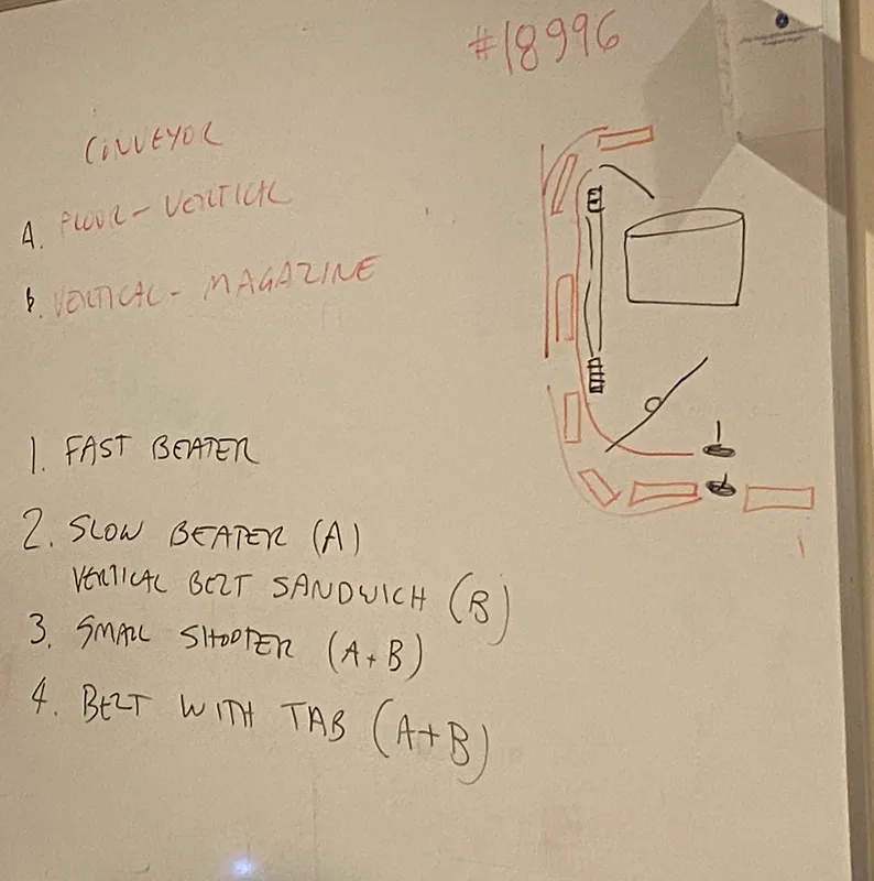 Day 1: conveyor A and B, four numbered ideas, and a ring's path sketched in the corner