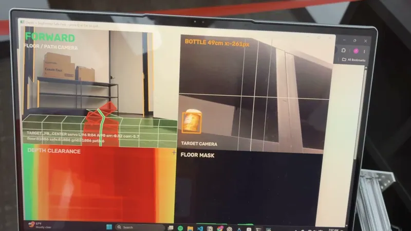 The target camera panel (top right) has found the bottle: BOTTLE 49cm x:-261px