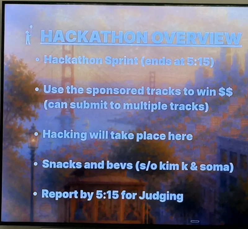 The kickoff slide: "Hackathon Sprint (ends at 5:15)"