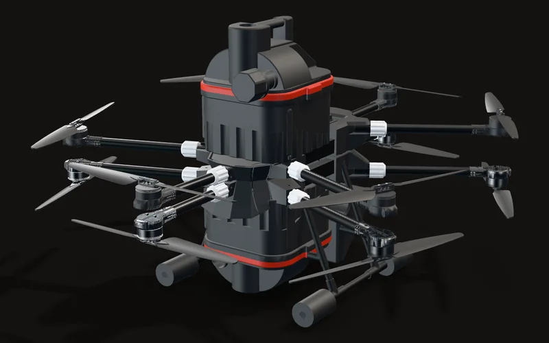 My CAD of the manure drone: the vacuum canister runs through the middle of the body, with six arms of coaxial motor pairs and 23 in props around it