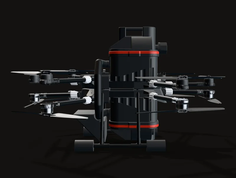 My CAD from the side, front to the right: the canister through the body with the vacuum head on top, the duct up the back and the nozzle under it