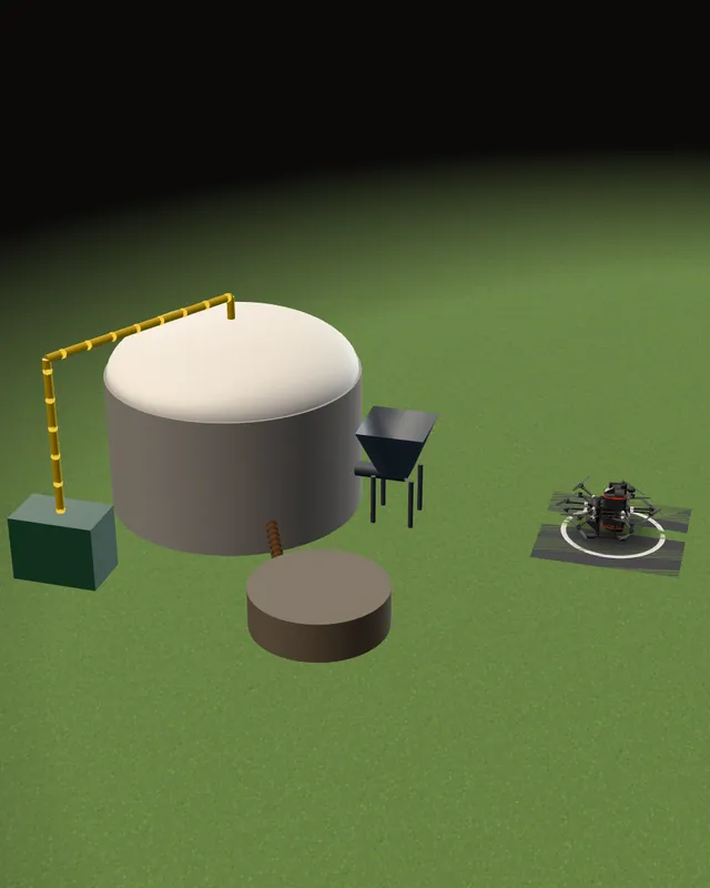 From the mission above: the drone landed at the depot beside the digester, its generator and the digestate tank (the depot is an illustration; the drone is my CAD)