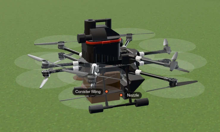 From the mission above: the drone low over the pasture after its third pat, the canister shown full (the pasture and the fill level are illustrations)