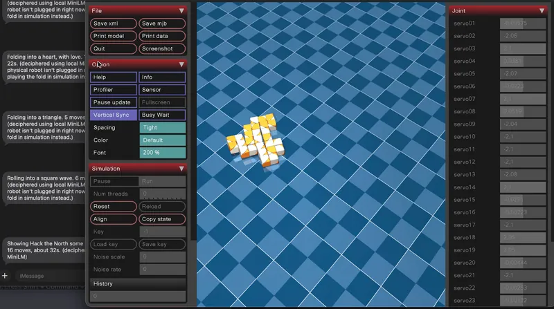 Earlier, on the 27-cube chain: the bot's replies on the left, the MuJoCo joint panel on the right