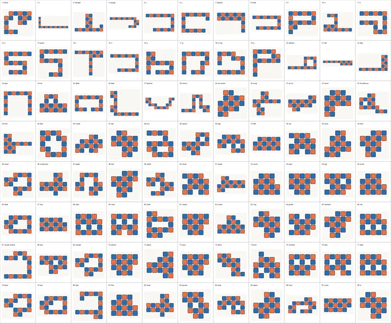 The 88 playable shapes of the booth library, each as its cells seen from above