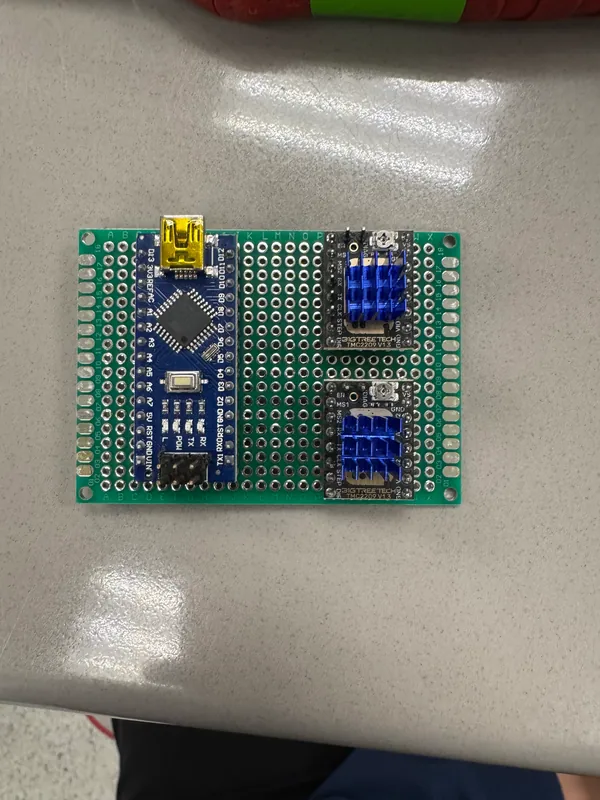 The Arduino Nano and two stepper drivers on perfboard
