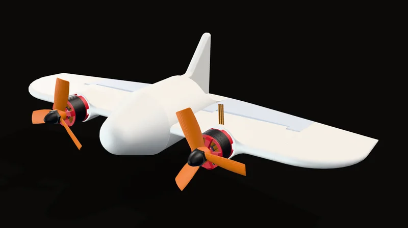 My SolidWorks CAD of the tailsitter, rendered with the colours set by part: a white printed-plastic airframe, light grey elevons, red and black motors and orange props