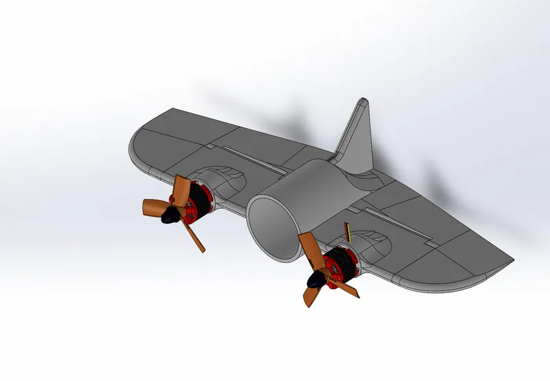 SolidWorks, Feb 2025: the airframe with its open, round front, the split lines of the bodies and the elevon hinge lines