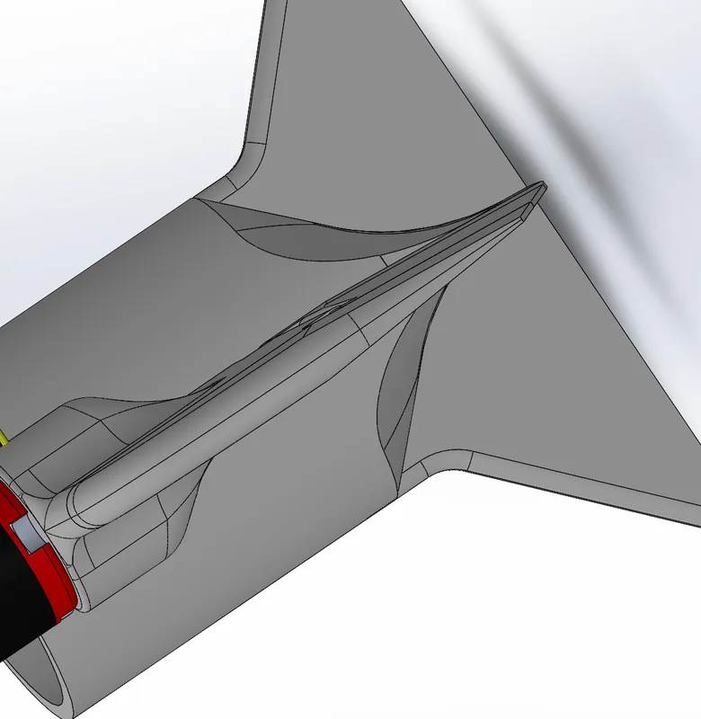 In SolidWorks, Feb 2025: close-up of the fillets that blend a motor nacelle into the wing