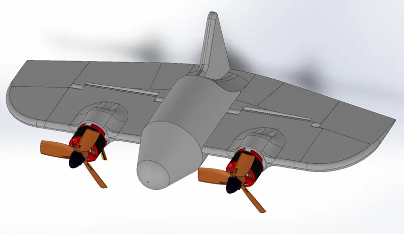 The assembly in SolidWorks, Aug 2024 (the image in my repo's README), with the colours I gave the motors and props there