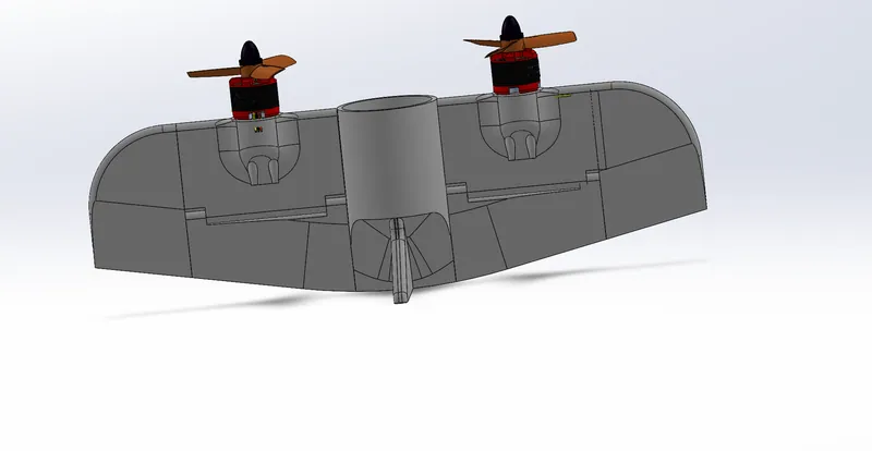 In SolidWorks, Feb 2025: the split lines between the bodies and the two elevon hinge lines, seen from behind the wing